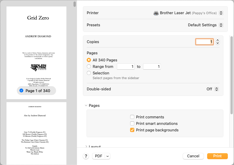 Mac print dialog with PDF option