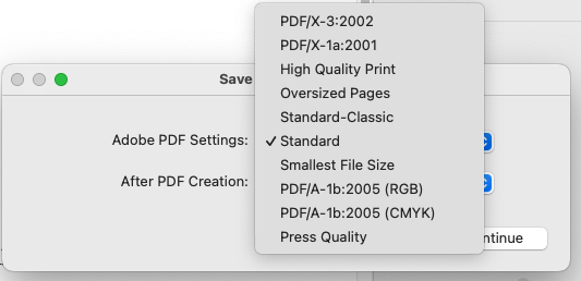 Choose PDF/X format
